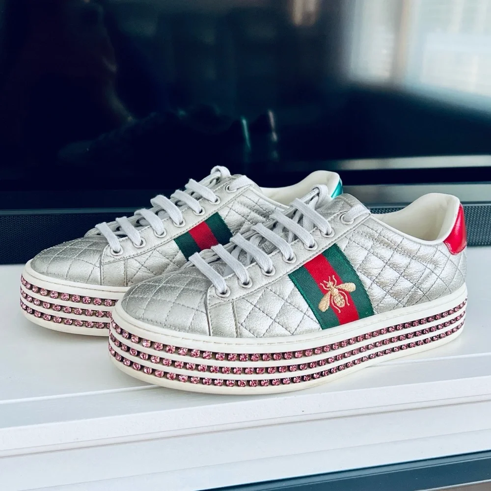 Gucci Silver Quilted Leather Bee Web Ace Crystal Embellished Platform Sneakers - Picture 1 of 16